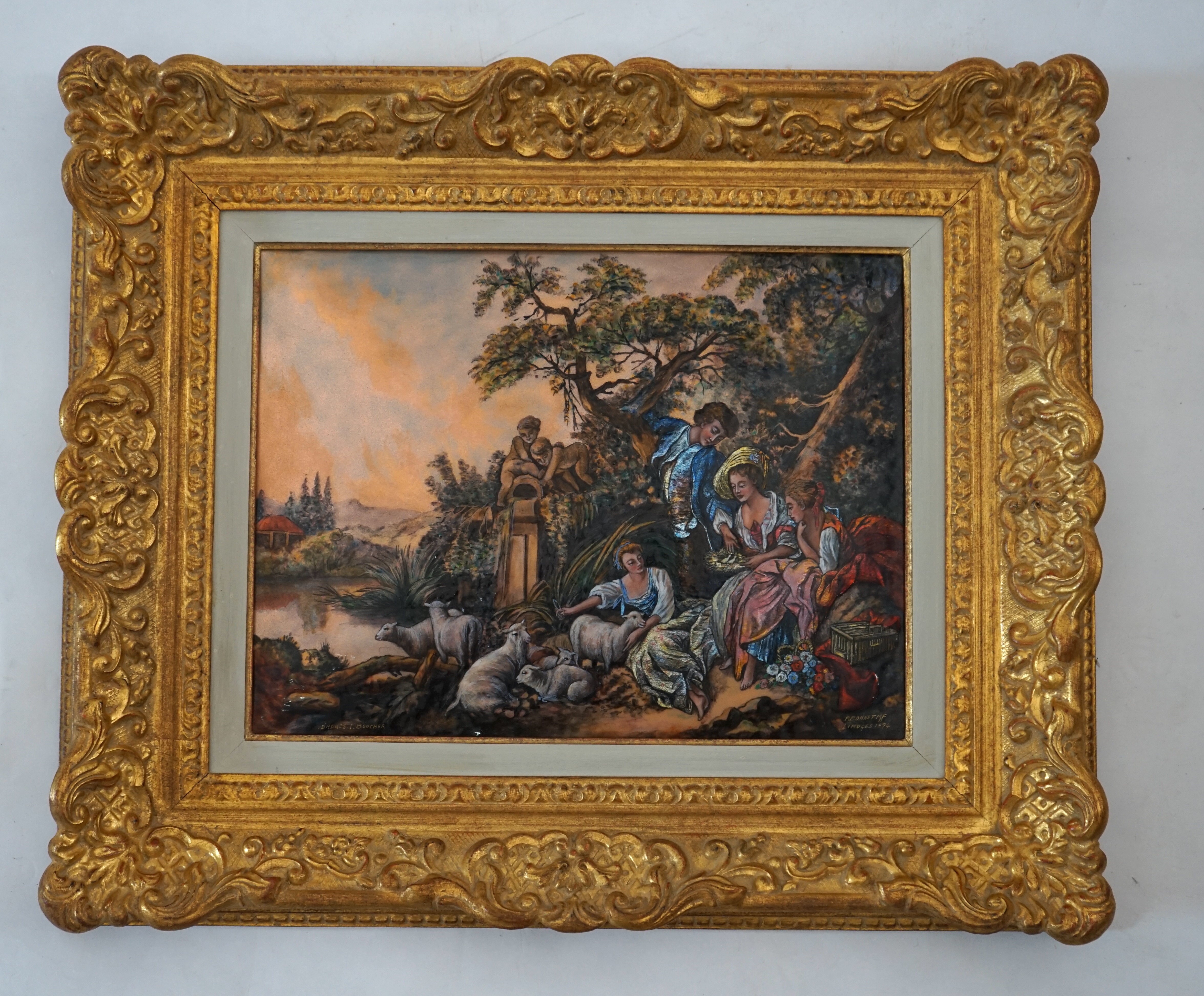 Pierre-Henri Bonnet after Boucher, a Limoges enamel plaque depicting an 18th century lady with birds nest, attendants and sheep, signed and dated 1974, 30 x 40cm. Condition - good